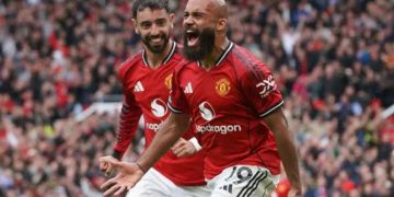 Bryan Mbeumo celebrates after scoring for Manchester United