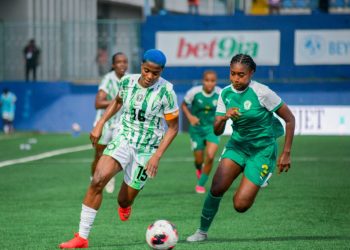 Nigeria’s Rasheedat Ajibade plays for the Super Falcons during their 2028 Olympic qualifying campaign.