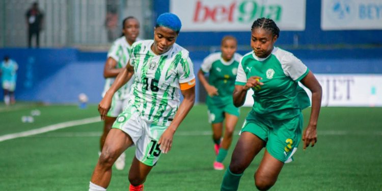 Nigeria’s Rasheedat Ajibade plays for the Super Falcons during their 2028 Olympic qualifying campaign.