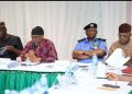 AbdulRahman AbdulRazaq, Femi Gbajabiamila, Inspector-General of Police Tunji Disu and other government officials attending a meeting on the proposed National Policing Bill in Abuja.