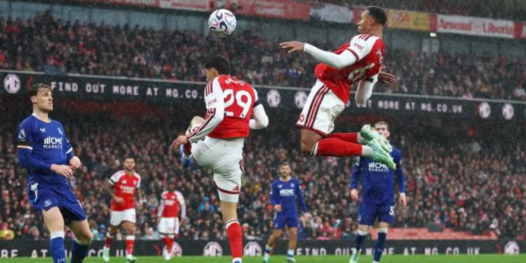Arsenal defender Gabriel Magalhães ;showing his skills in the Gunners’ 2-0 Premier League win over Everton.( Photo credit: The Guardian)