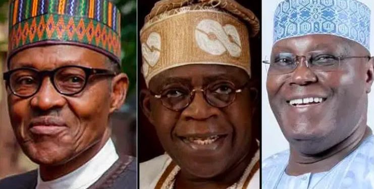 Atiku Abubakar, Bola Tinubu and late President Muhammadu Buhari, whose political relationship features in Laolu Akande’s comments on opposition unity ahead of the 2027 election.